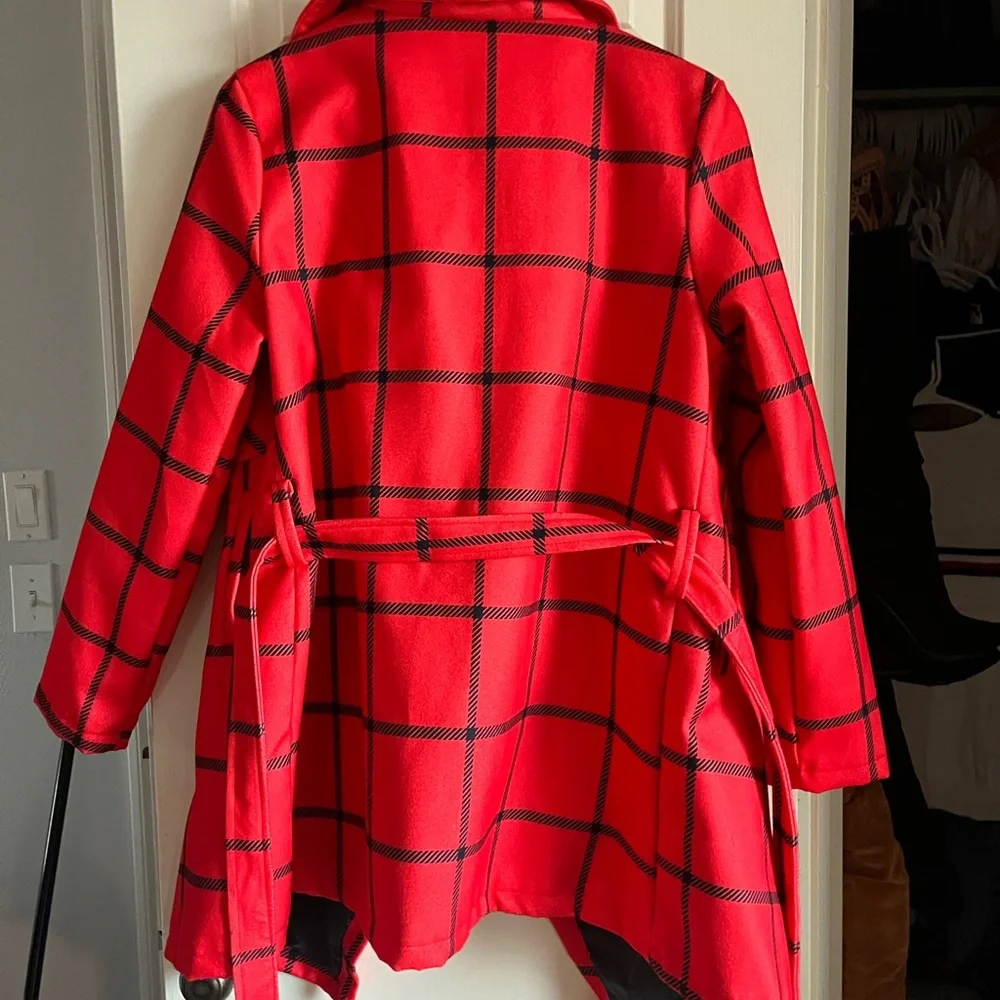 Fashion Nova Red Checkered Trench Coat - Picture 3 of 3